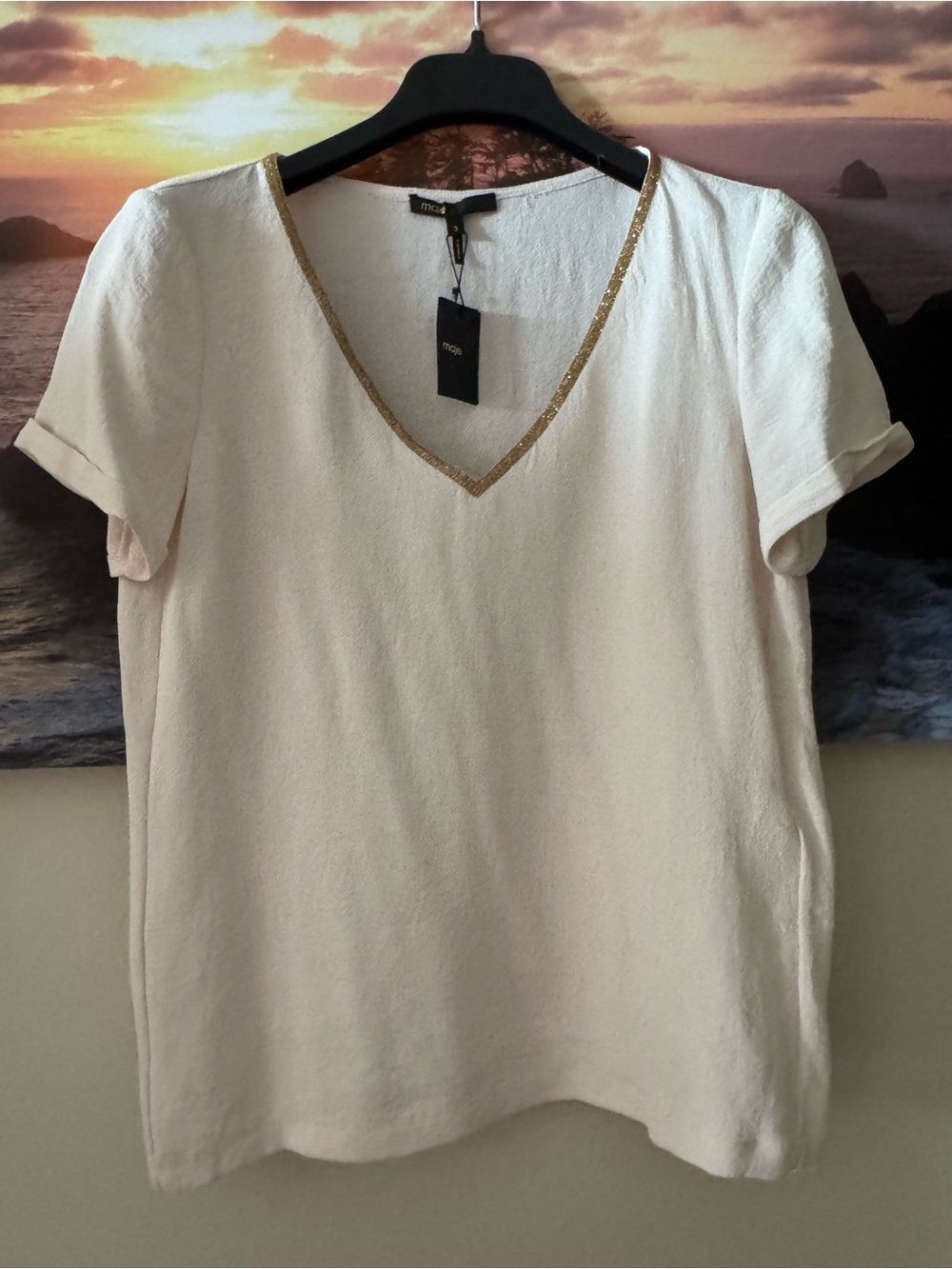 Maje Cream Short Sleeve V-Neck Top with Gold Trim/3/ M/ NWT
